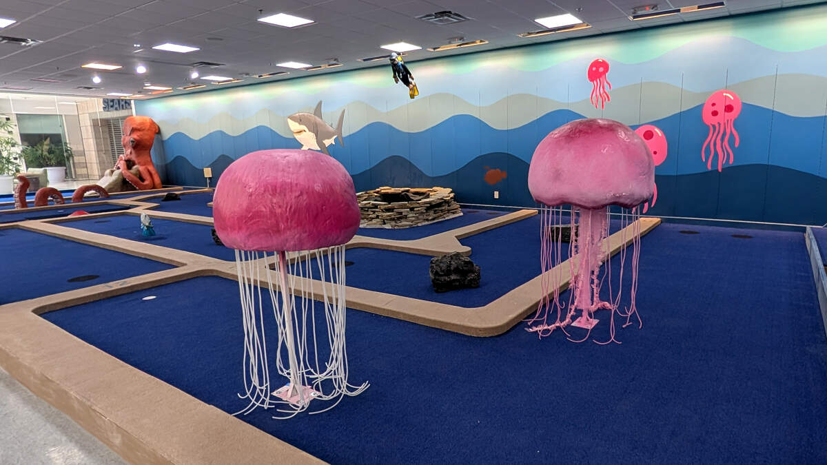 Putt Quest's back nine includes sea creatures from the ocean's depths, including jelly fish, sharks and a kraken. Putt Quest's back nine includes sea creatures from the ocean's depths, including jelly fish, sharks and a kraken.